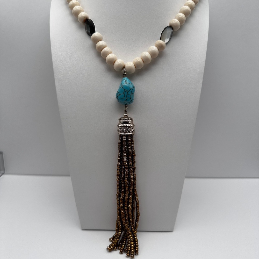 Vintage 90s Chico's Cream Beaded Necklace Faux Turquoise Tassel Boho Jewelry 90s